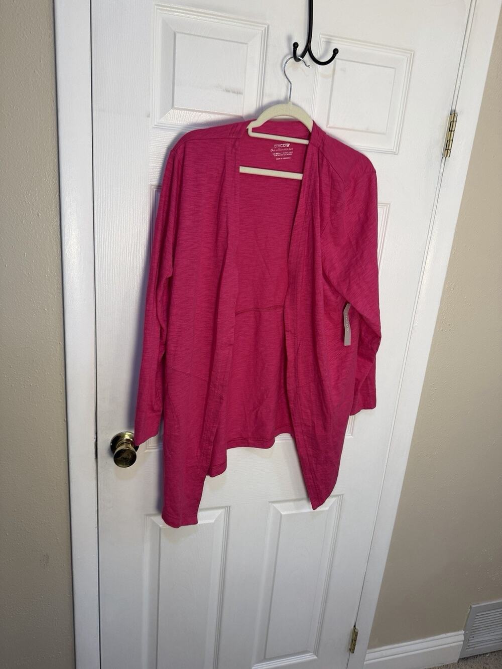 Chico’s Pink Open-Front Women's Cardigan Sweater with Black pants sz 3